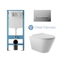 Aqueduto комплект: TECNICA Novo Система инсталляции для подвесного унитаза, RETANGULO Novo, Панель смыва, хром, CONE Tornado Унитаз подвесной 525*360 безободковый, Tornado, сиденье с микролифтом, белый глянцевый