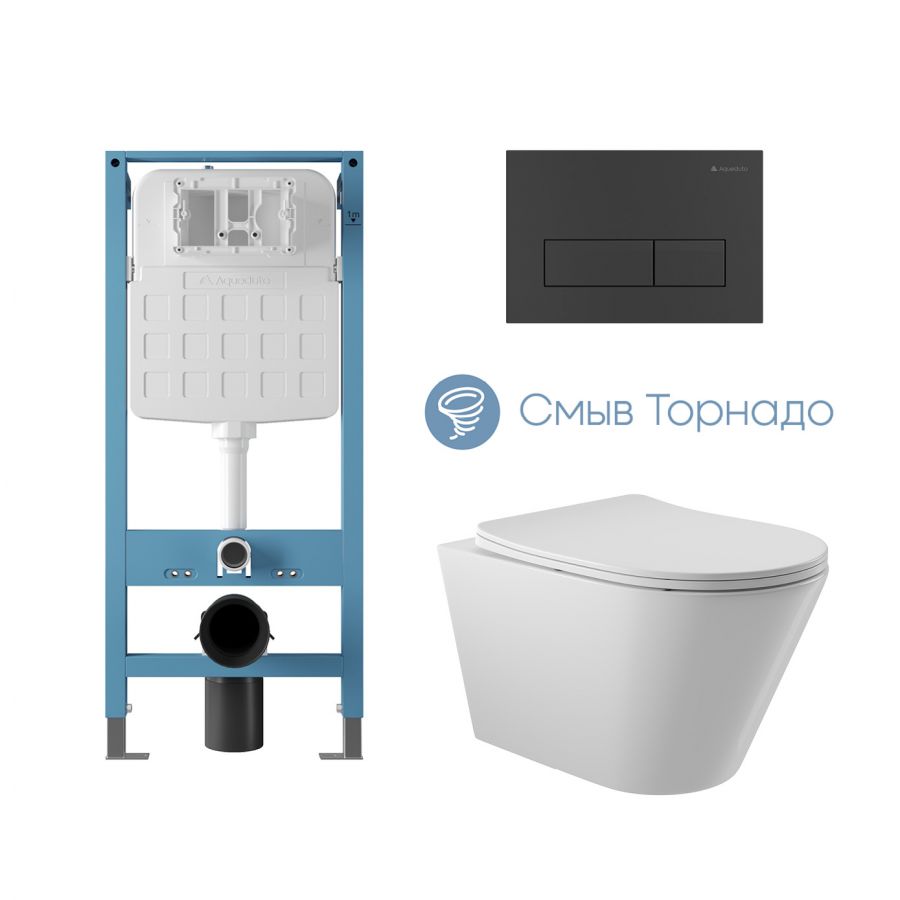 Aqueduto комплект: TECNICA Novo Система инсталляции для подвесного унитаза, RETANGULO Novo, Панель смыва, черный матовый, CONE Tornado Унитаз подвесной 525*360 безободковый, Tornado, сиденье с микролифтом, белый глянцевый
