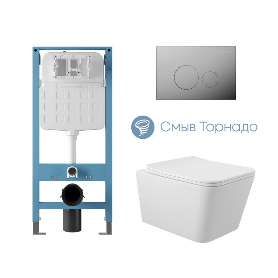 Aqueduto комплект: TECNICA Novo Система инсталляции для подвесного унитаза, CIRCULO Novo Панель смыва, хром, MACIO Tornado Унитаз подвесной 520*370 безободковый, Tornado, сиденье с микролифтом, белый глянцевый