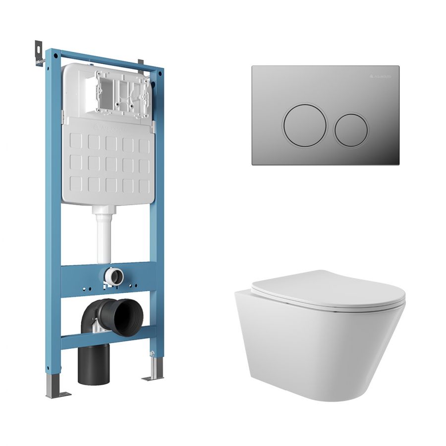 Aqueduto комплект: TECNICA Novo Система инсталляции для подвесного унитаза, CIRCULO Панель смыва, хром, CONE Унитаз подвесной 525*360 безободковый, сиденье с микролифтом, белый глянцевый