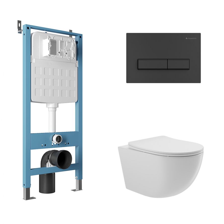 Aqueduto комплект: TECNICA Novo Система инсталляции для подвесного унитаза, RETANGULO Панель смыва, черный матовый, OVO Tornado S Унитаз подвесной 525*360 безободковый, сиденье с микролифтом, белый глянцевый