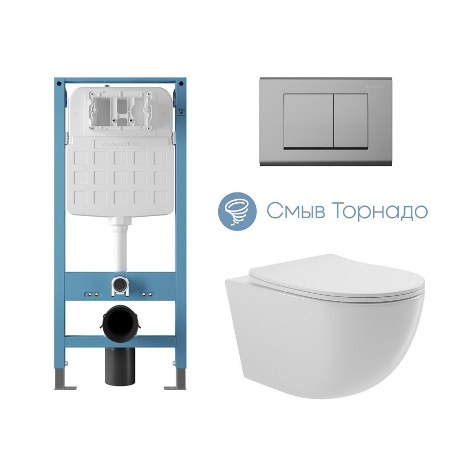 Aqueduto комплект: TECNICA Novo Система инсталляции для подвесного унитаза, QUADRADO Панель смыва, хром, OVO Tornado Унитаз подвесной 525*360 безободковый, Tornado, сиденье с микролифтом, белый глянцевый