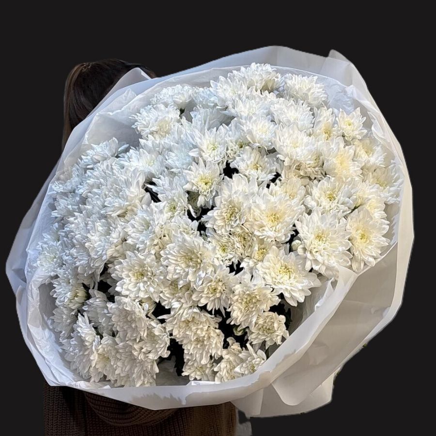 Букет 15 белых кустовых хризантем "Белый снег"