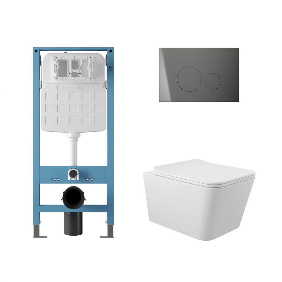 Aqueduto комплект: TECNICA Novo Система инсталляции для подвесного унитаза, CIRCULO Novo Панель смыва, Gun Metal, MACIO Унитаз подвесной 520*370 безободковый, сиденье с микролифтом, белый глянцевый