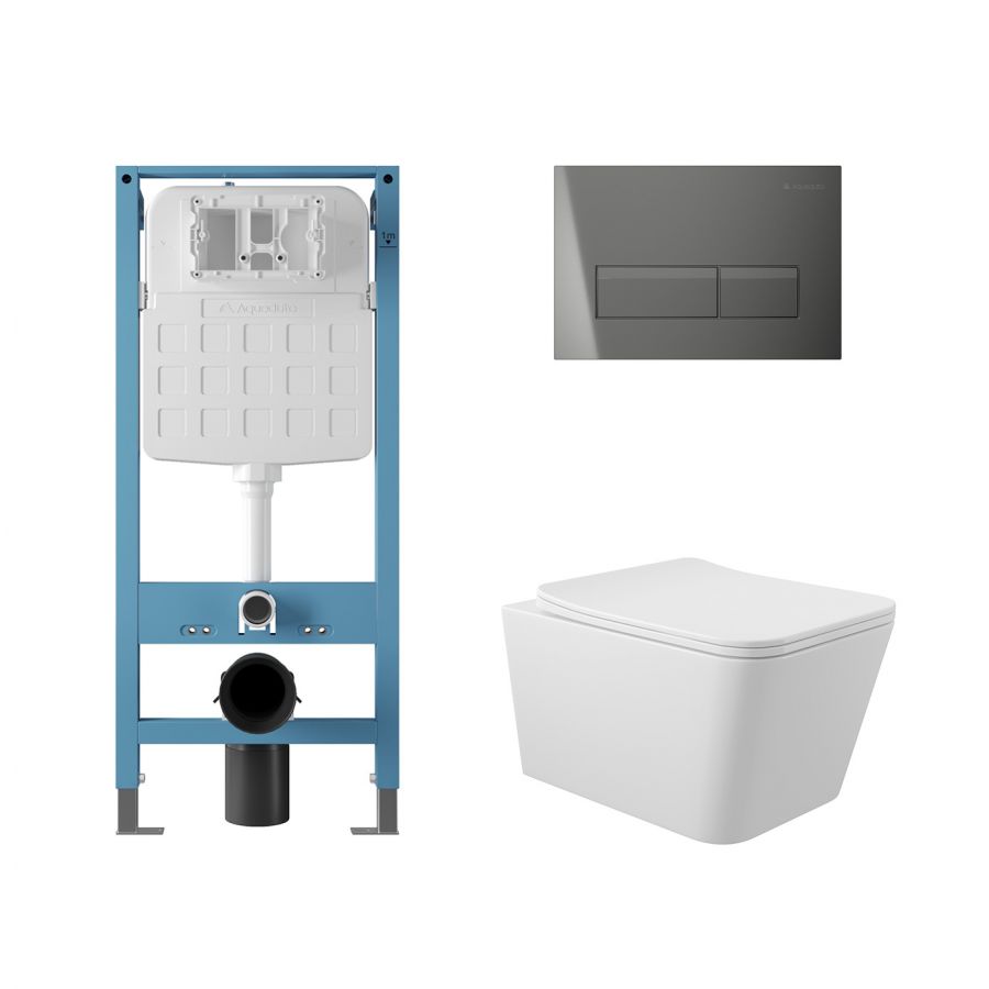 Aqueduto комплект: TECNICA Novo Система инсталляции для подвесного унитаза, RETANGULO Novo Панель смыва, Gun Metal, MACIO Унитаз подвесной 520*370 безободковый, сиденье с микролифтом, белый глянцевый