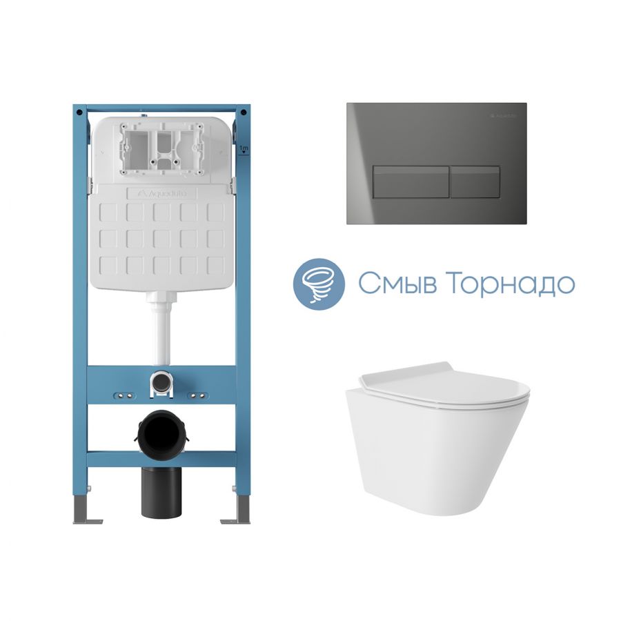 Aqueduto комплект: TECNICA Novo Система инсталляции для подвесного унитаза, RETANGULO Novo Панель смыва, Gun Metal, CONE Tornado S Унитаз подвесной 480*360 безободковый, Tornado, сиденье с микролифтом, белый глянцевый