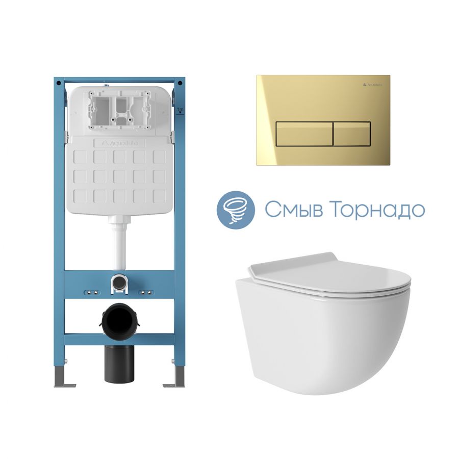 Aqueduto комплект: TECNICA Novo Система инсталляции для подвесного унитаза, RETANGULO Novo Панель смыва, Золото, OVO Tornado S Унитаз подвесной 480*360 безободковый, Tornado, сиденье с микролифтом, белый глянцевый