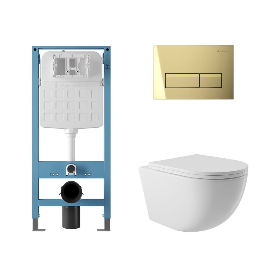 Aqueduto комплект: TECNICA Novo Система инсталляции для подвесного унитаза, RETANGULO Novo Панель смыва, Золото, OVO Унитаз подвесной 525*360 безободковый, сиденье с микролифтом, белый глянцевый