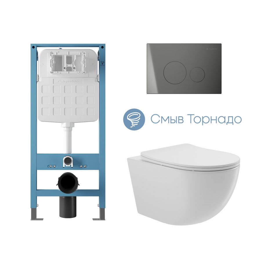 Aqueduto комплект: TECNICA Novo Система инсталляции для подвесного унитаза, CIRCULO Novo Панель смыва, Gun Metal, OVO Tornado Унитаз подвесной 525*360 безободковый, Tornado, сиденье с микролифтом, белый глянцевый