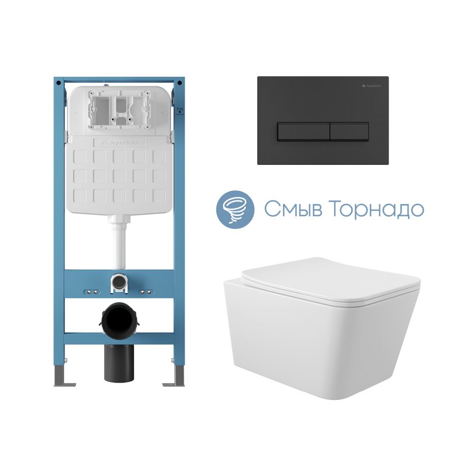 Aqueduto комплект: TECNICA Novo Система инсталляции для подвесного унитаза, RETANGULO Панель смыва, черный матовый, MACIO Tornado Унитаз подвесной 520*370 безободковый, Tornado, сиденье с микролифтом, белый глянцевый