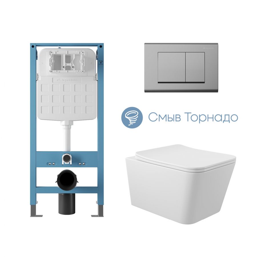 Aqueduto комплект: TECNICA Novo Система инсталляции для подвесного унитаза, QUADRADO Панель смыва, хром, MACIO Tornado Унитаз подвесной 520*370 безободковый, Tornado, сиденье с микролифтом, белый глянцевый