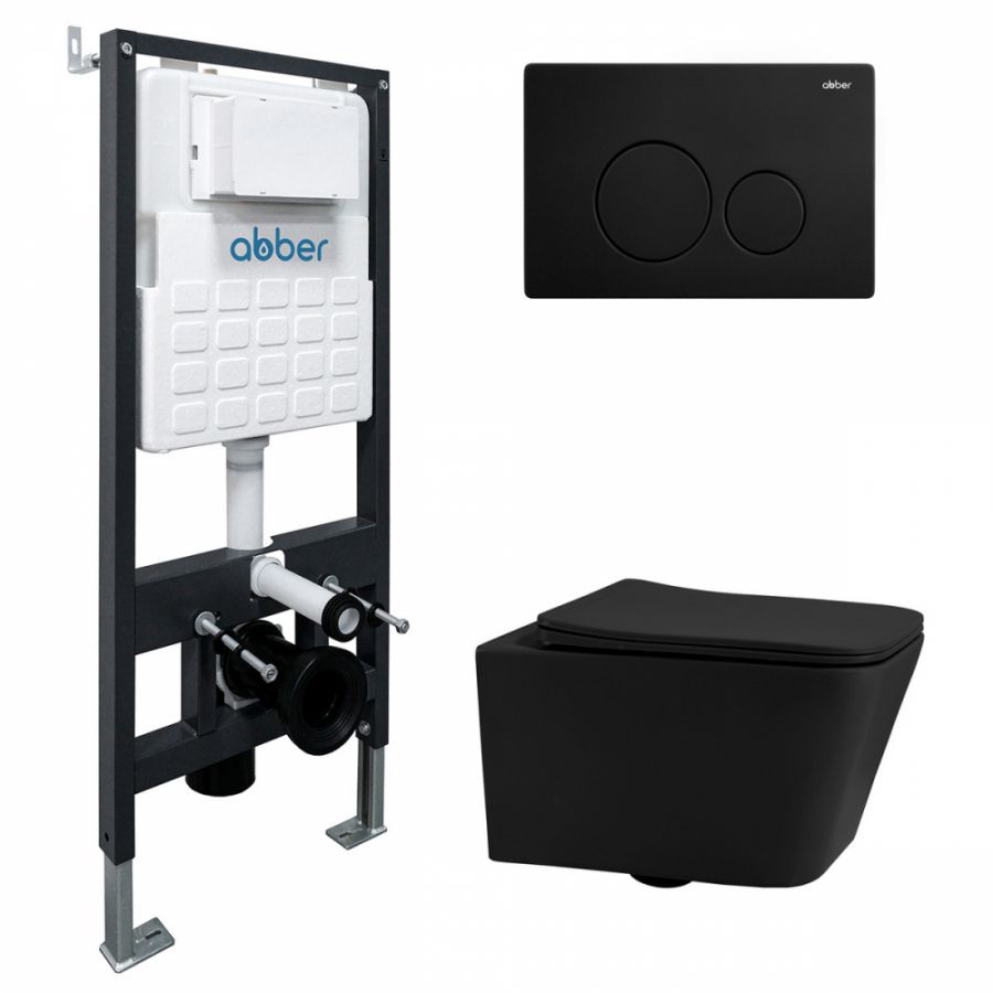 Комплект подвесной унитаз ABBER Rechteck AC1201MB черный матовый с инсталляцией AC0105 и кнопкой AC0121MB черный матовый