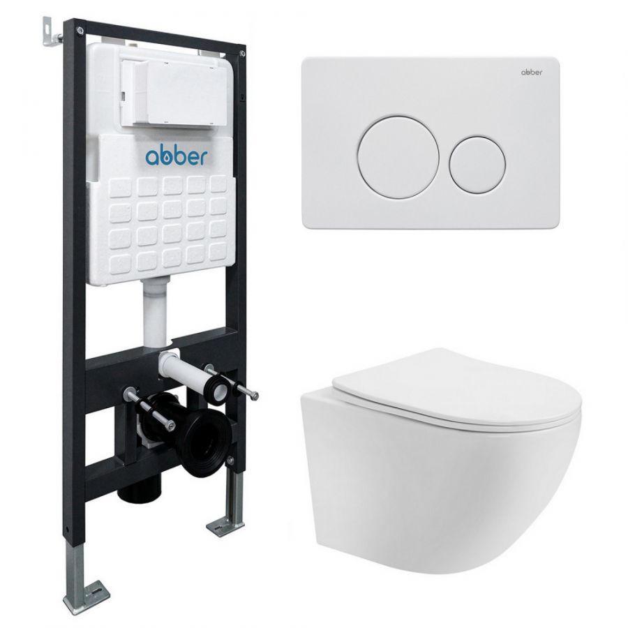 Комплект подвесной унитаз ABBER Bequem AC1100T белый с инсталляцией AC0105 и кнопкой AC0121MW белая матовая