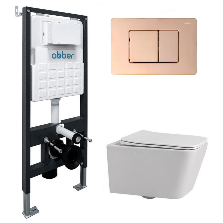 Комплект подвесной унитаз ABBER Rechteck AC1201 белый с инсталляцией AC0105 и кнопкой AC0120RG золото розовое