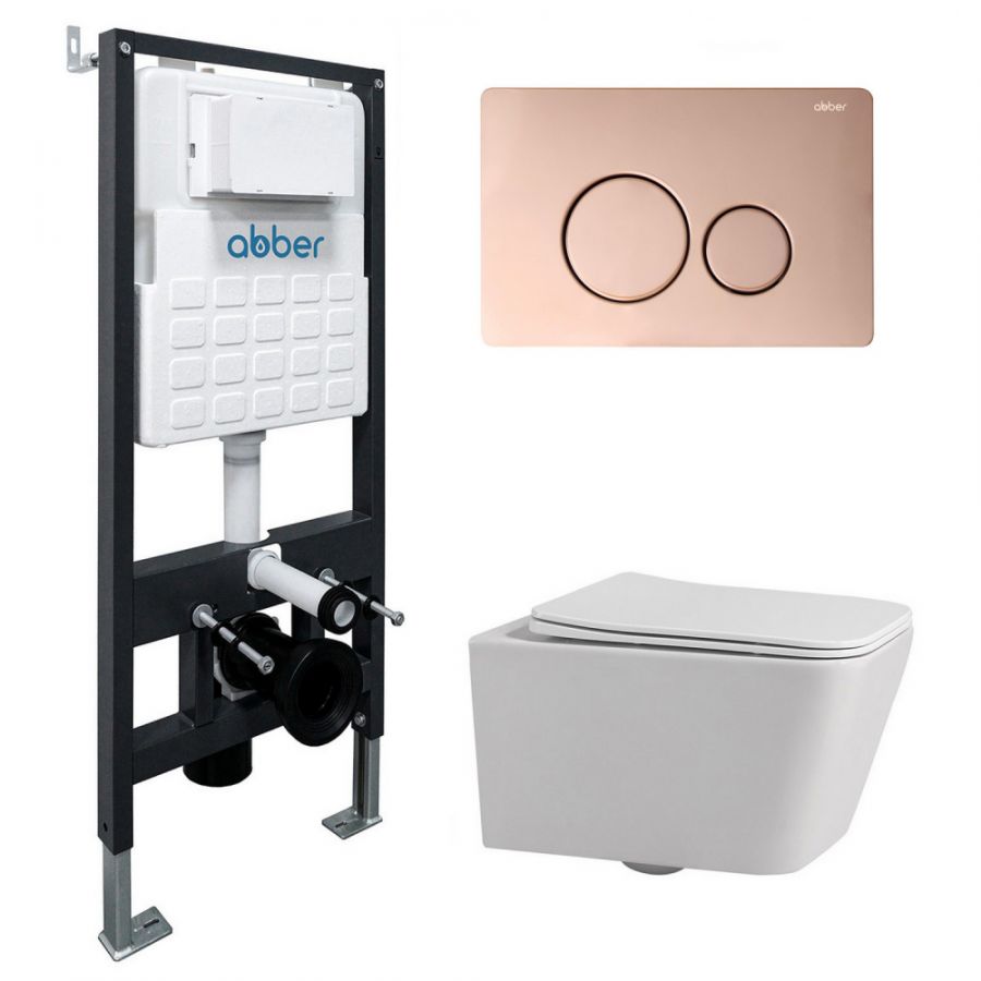 Комплект подвесной унитаз ABBER Rechteck AC1201 белый с инсталляцией AC0105 и кнопкой AC0121RG золото розовое