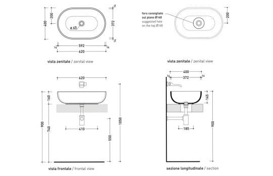 Накладная раковина Flaminia Pass 62 Countertop Basin 62х40 схема 3