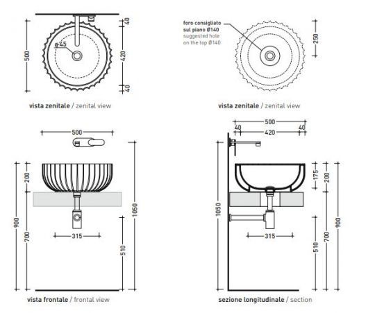 Накладная раковина Flaminia Settecento Countertop Basin 50х50 схема 3