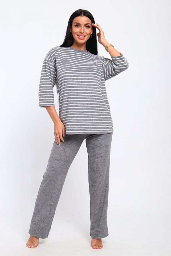 Костюм 375711 домашний махровый в полоску [темно-серый]