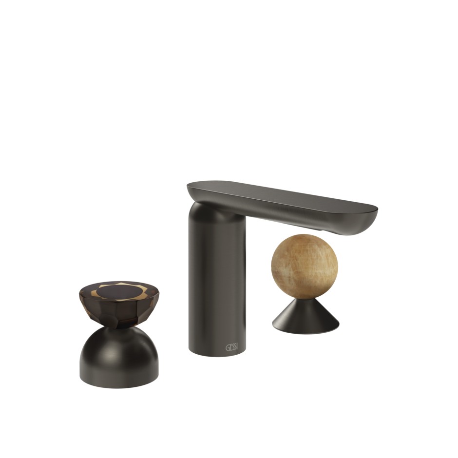 Смеситель для раковины Gessi Perle 74838 без донного клапана с вентилем-полусферой из муранского стекла Battuto и вентилем-сферой из камня Onyx Cola