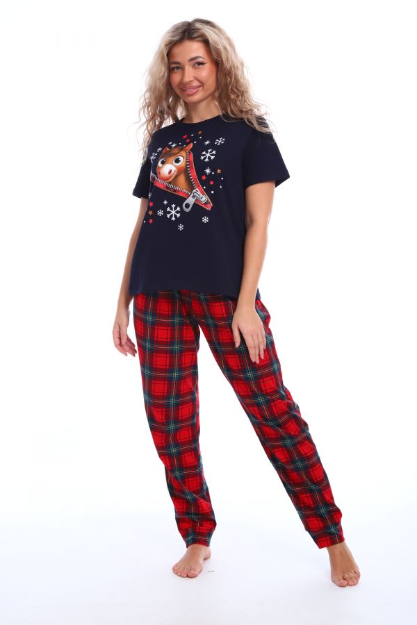 Пижама женская новогодняя Лошадка [синий+красный]