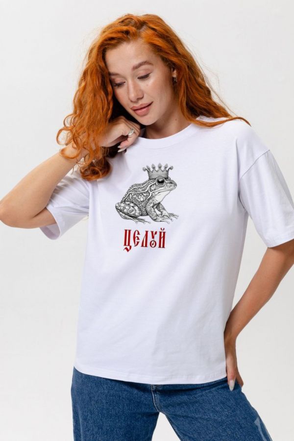 8580 футболка оверсайз женская [белый+лягушка]