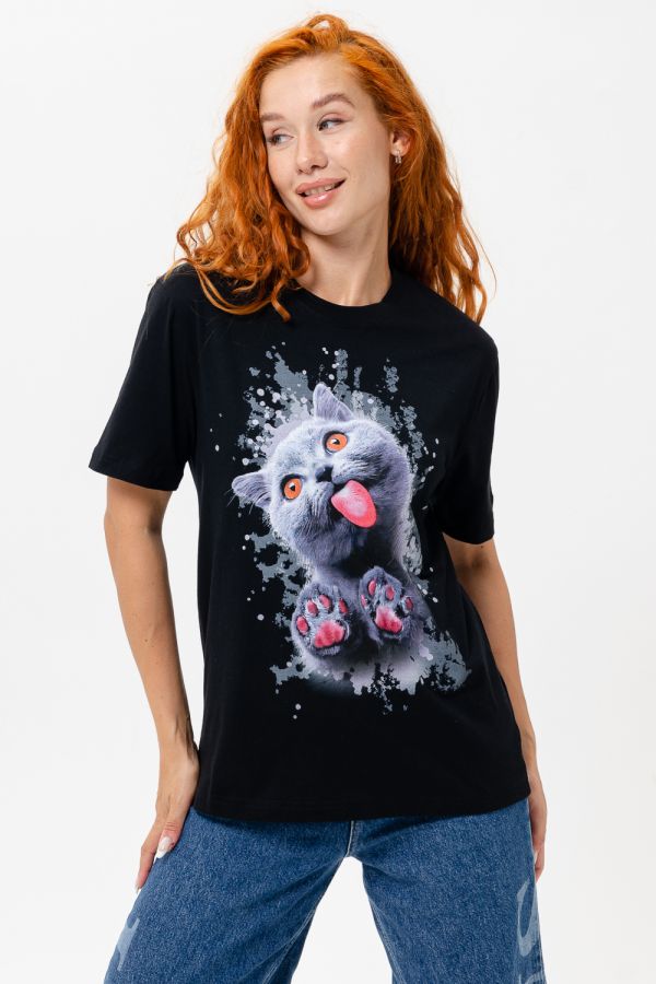 Футболка женская 8488 [черный+кошка]