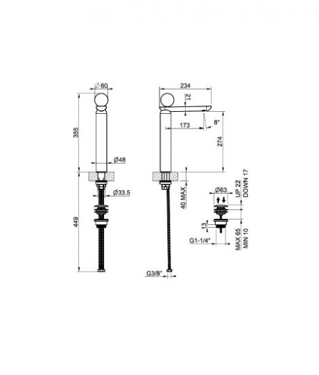 Смеситель для раковины Gessi Perle 74053 высокий с донным клапаном и металлическим вентилем схема 2