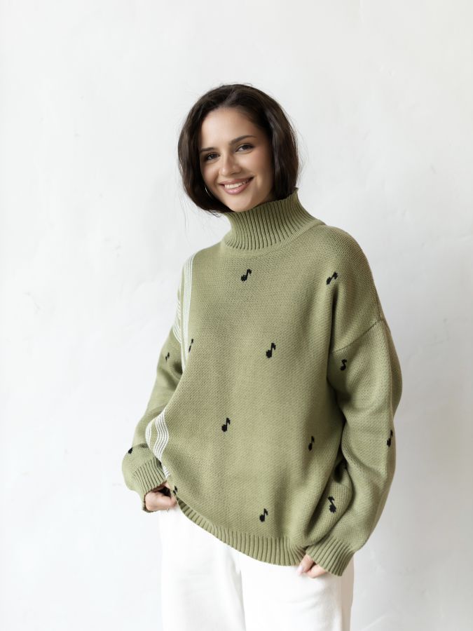 Свитер зеленый с воротником "Ноты"