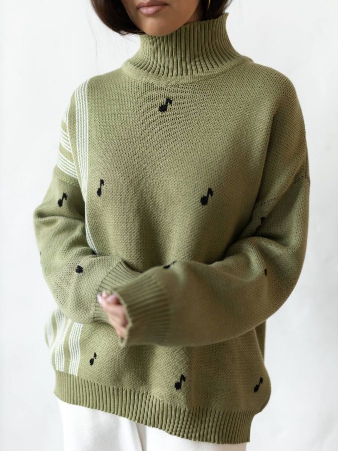 Свитер зеленый с воротником "Ноты"