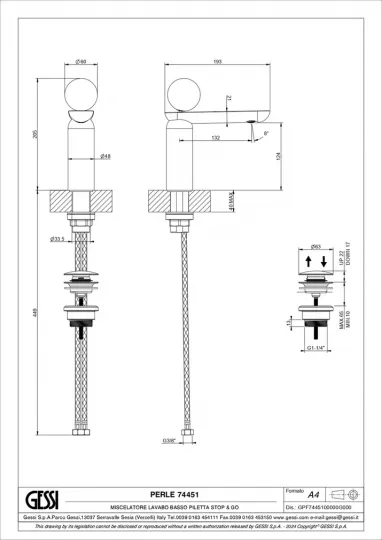 Смеситель для раковины Gessi Perle 74451 низкий с донным клапаном и вентилем из муранского стекла Battuto схема 2