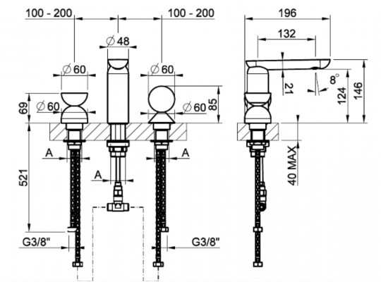 Смеситель для раковины Gessi Perle 74738 без донного клапана с вентилем-полусферой из муранского стекла Balloton и вентилем-сферой из камня Onyx Cola схема 2 Смеситель для раковины Gessi Perle 74738 без донного клапана с вентилем-полусферой из муранского стекла Balloton и вентилем-сферой из камня Onyx Cola схема 2