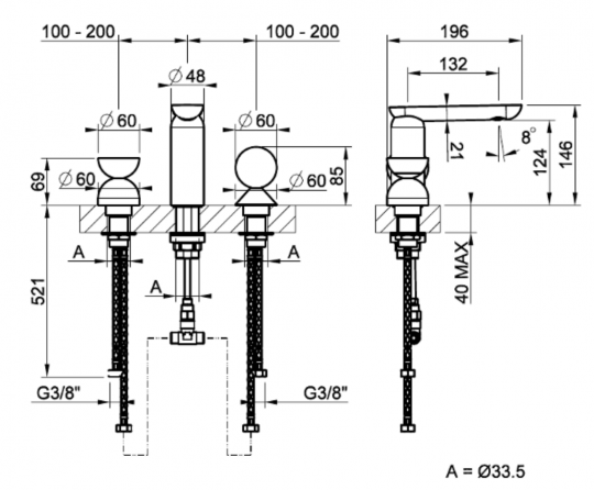 Смеситель для раковины Gessi Perle 74768 без донного клапана с вентилем-полусферой из муранского стекла Balloton и вентилем-сферой из муранского стекла Pulegoso схема 2