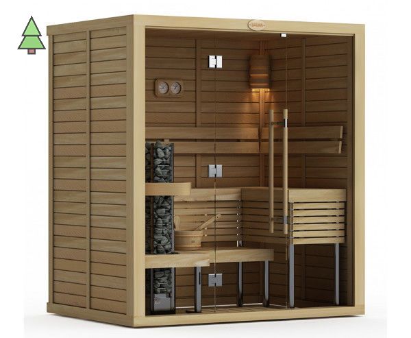 Сауна в сборе SAWO 1420ML-WA-G (1,4м х 2,0м, осина, полностью стеклянная стена, дизайн Wave)