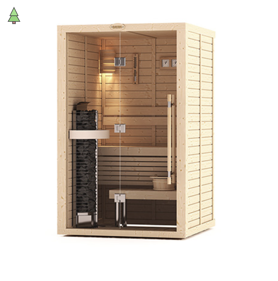 Сауна в сборе SAWO 1414LS-PS-G (1,4м х 1,4м, ель, полностью стеклянная стена, дизайн Piano, левая)