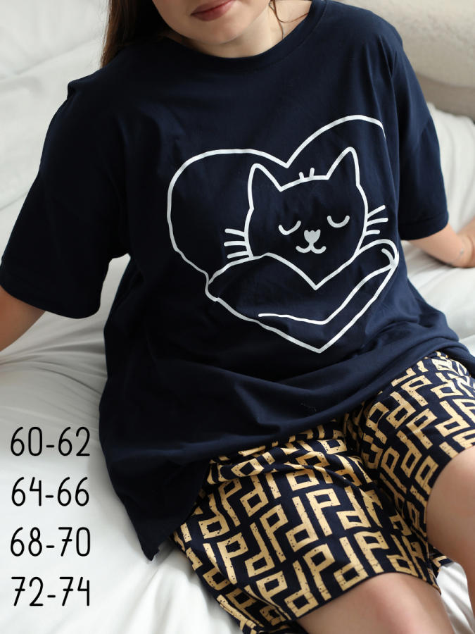 Футболка пижамная больших размеров ФП-111 кошечка [темно-синий]