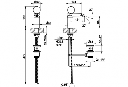 Смеситель для биде Gessi Perle 74007 с металлическим вентилем и донным клапаном схема 16