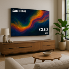 Телевизор Samsung QE48S90FAEXRU 48 дюймов в интерьере гостиной, OLED 4K
