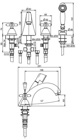 Смеситель для ванны и душа Fima carlo frattini Olivia F5014 схема 2 Смеситель для ванны и душа Fima carlo frattini Olivia F5014 схема 2