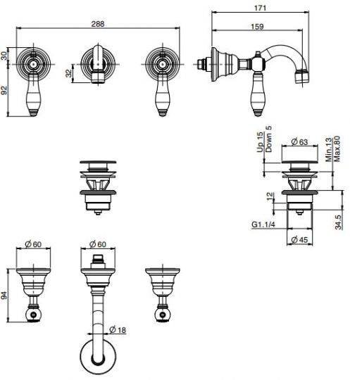 Fima carlo frattini Herend смеситель для раковины F5401/5 схема 2