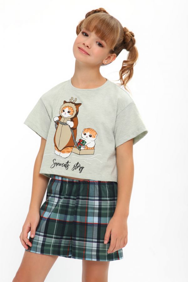 Пижама для девочки ПД-019-073 Кот Новый год [св-зеленый/клетка зеленая]