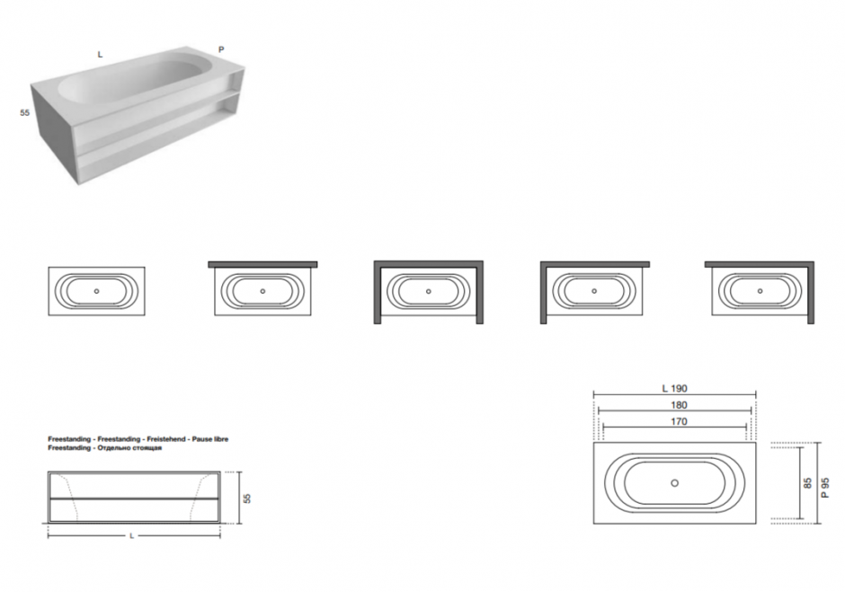 Ванна прямоугольная Antonio Lupi OASI OASI87MC 180х95 см из материала Cristalplant с полками отдельностоящая, пристенная, в нишу или в угол ФОТО