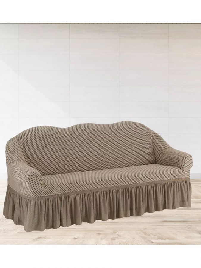 Чехол на 3-х местный диван с оборкой Жаккард  Соты,капучино