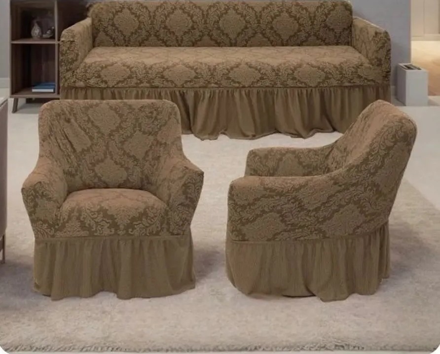 Комплект чехлов на 3-х местный диван и 2 кресла с оборкой Жаккард ,коричневый