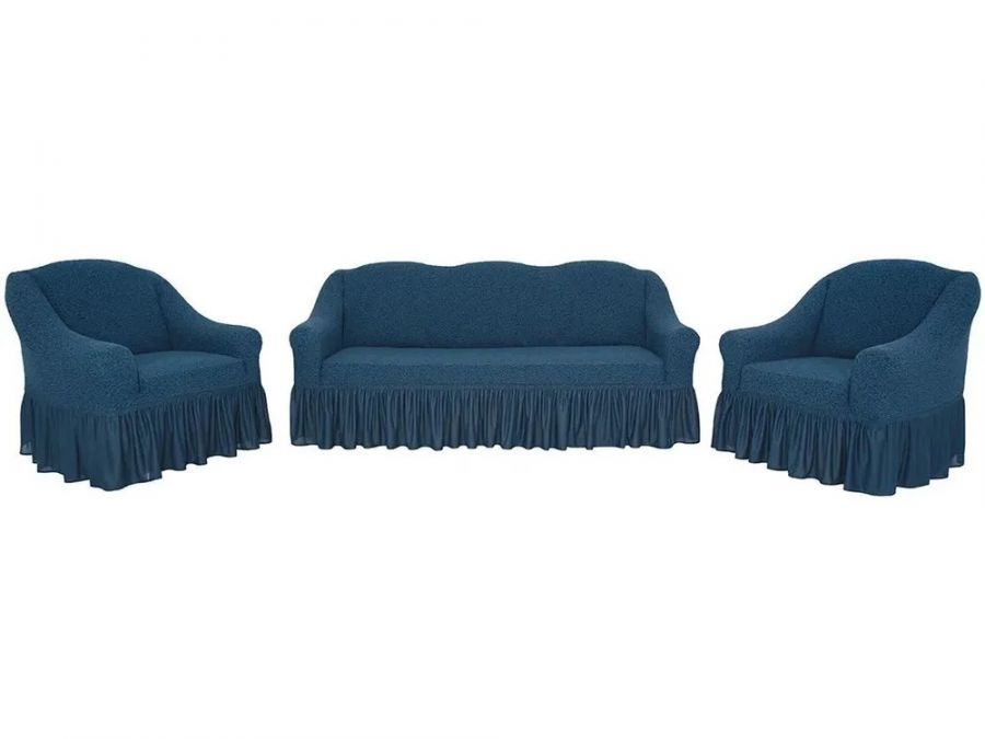 Комплект чехлов на 3-х местный диван и 2 кресла с оборкой Жаккард , синий