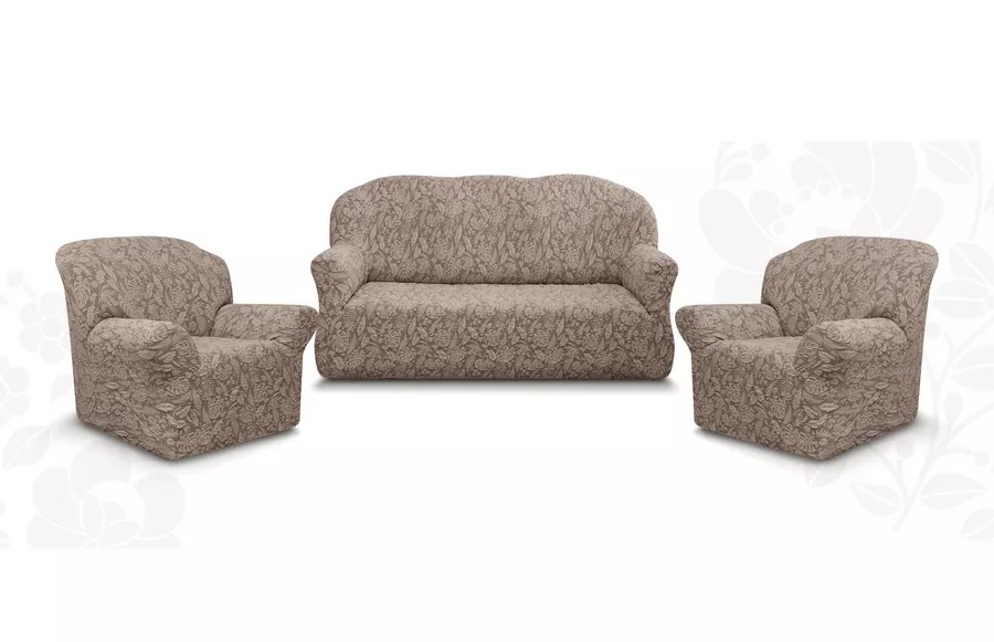 Комплект чехлов на  диван и 2 кресла без оборки Жаккард  ,капучино