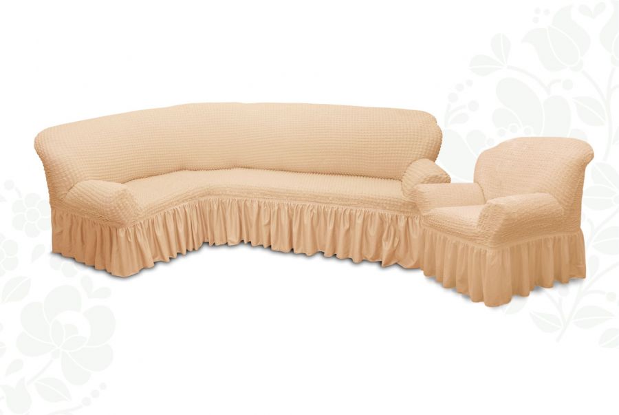 Чехол на угловой диван и кресло с оборкой,Ванильный