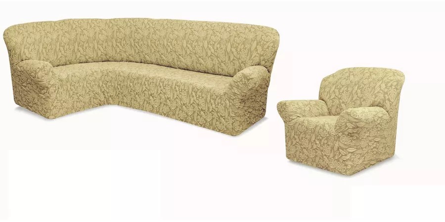 Чехол на угловой диван и кресло с без оборки,Жаккард,бежевый
