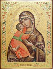 Владимирская икона Божьей Матери 30-40см с чеканкой на сусальном золоте и узорами (рукописная)
