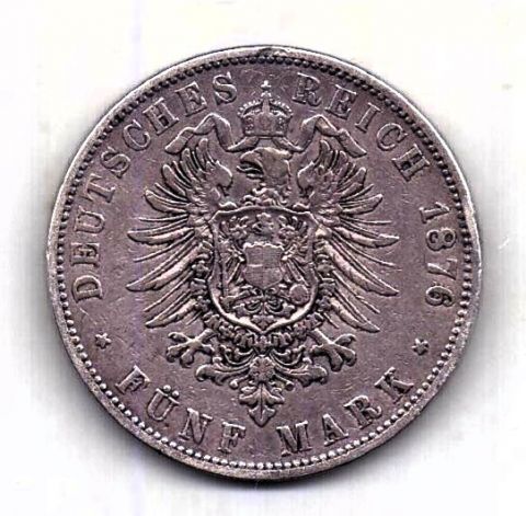 5 марок 1876 Гамбург XF Редкий год