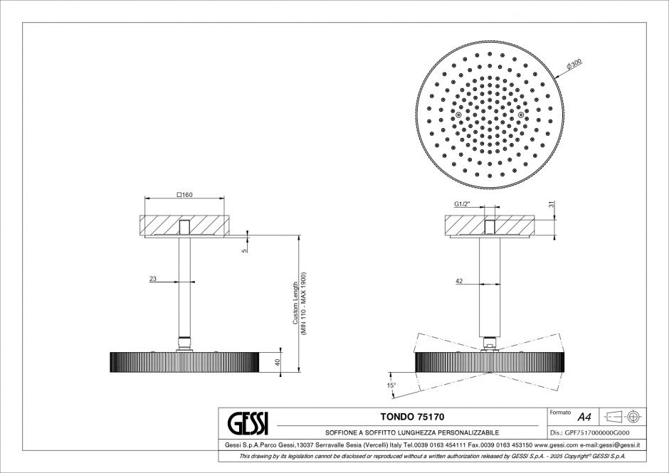 Верхний душ Gessi Incastri Rigato 75170 потолочный высота 11-190 см ФОТО